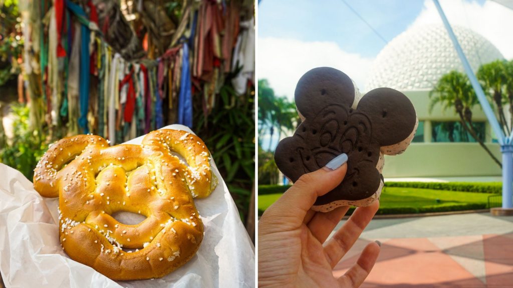 Mickey shaped pretzel and Mickey shaped ice cream sandwich