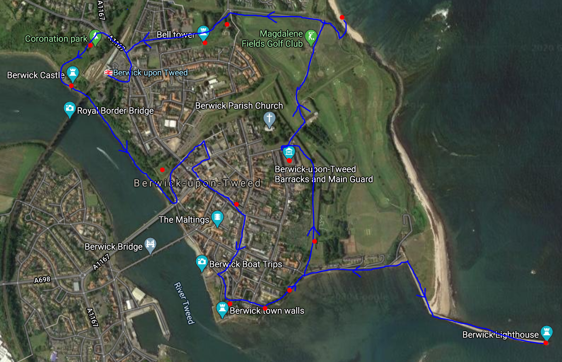 Day Trip to Berwick-upon-Tweed in England Walking Route Map