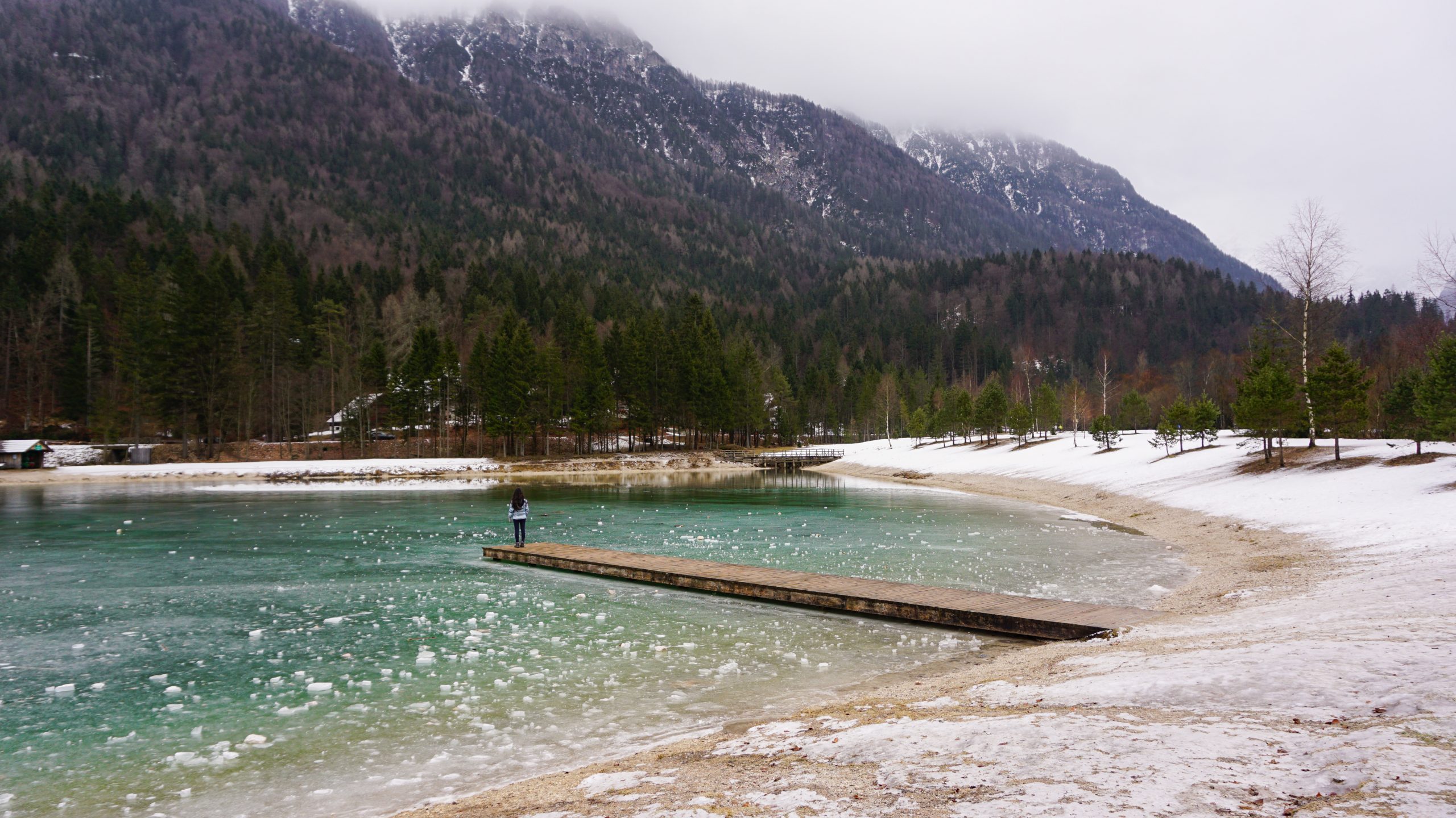 View of the half-frozen Lake Jasna
