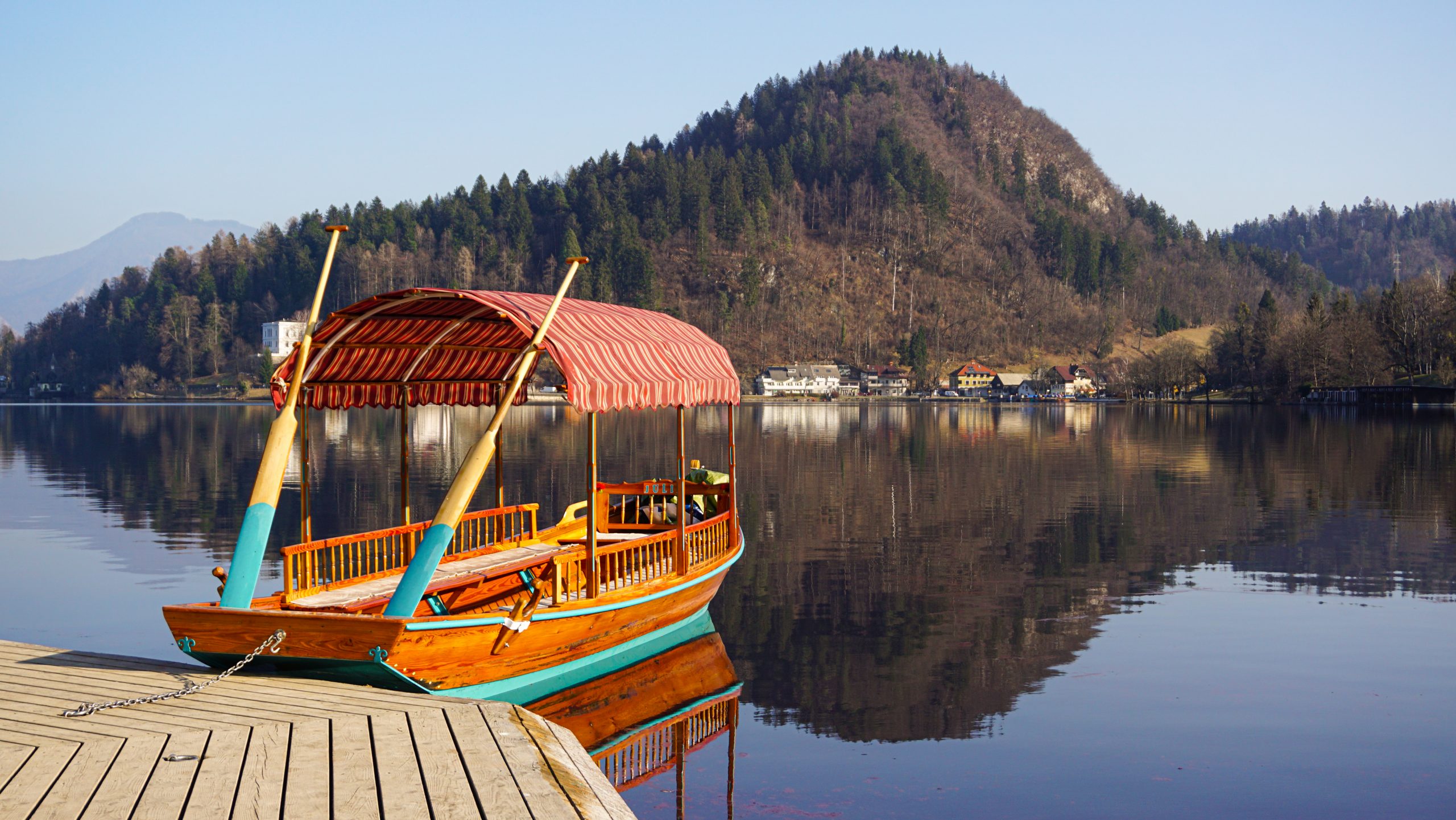 A Pletna boat parked at Bled Island