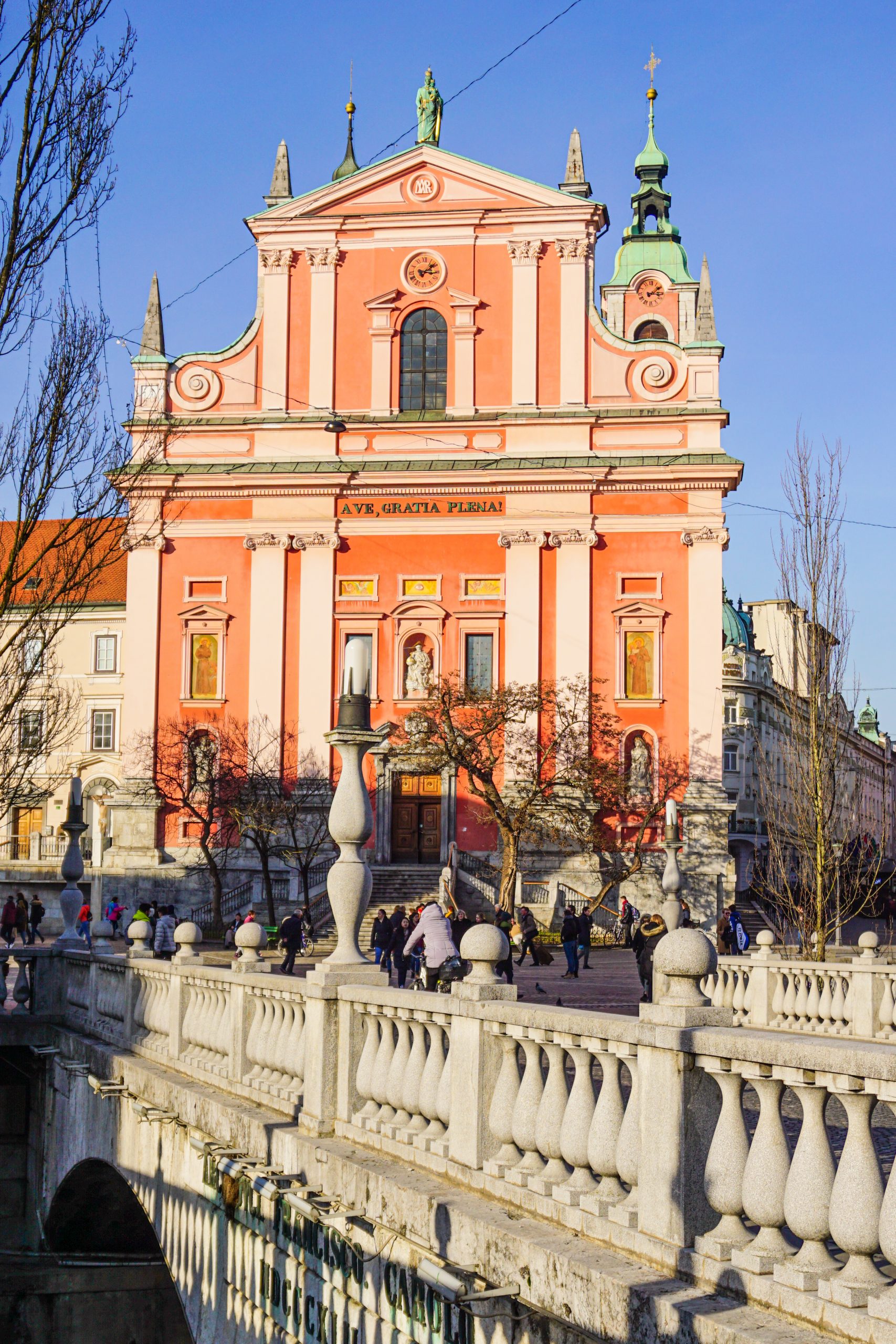View of the Franciscan Church and Triple Bridge at Prešeren Square