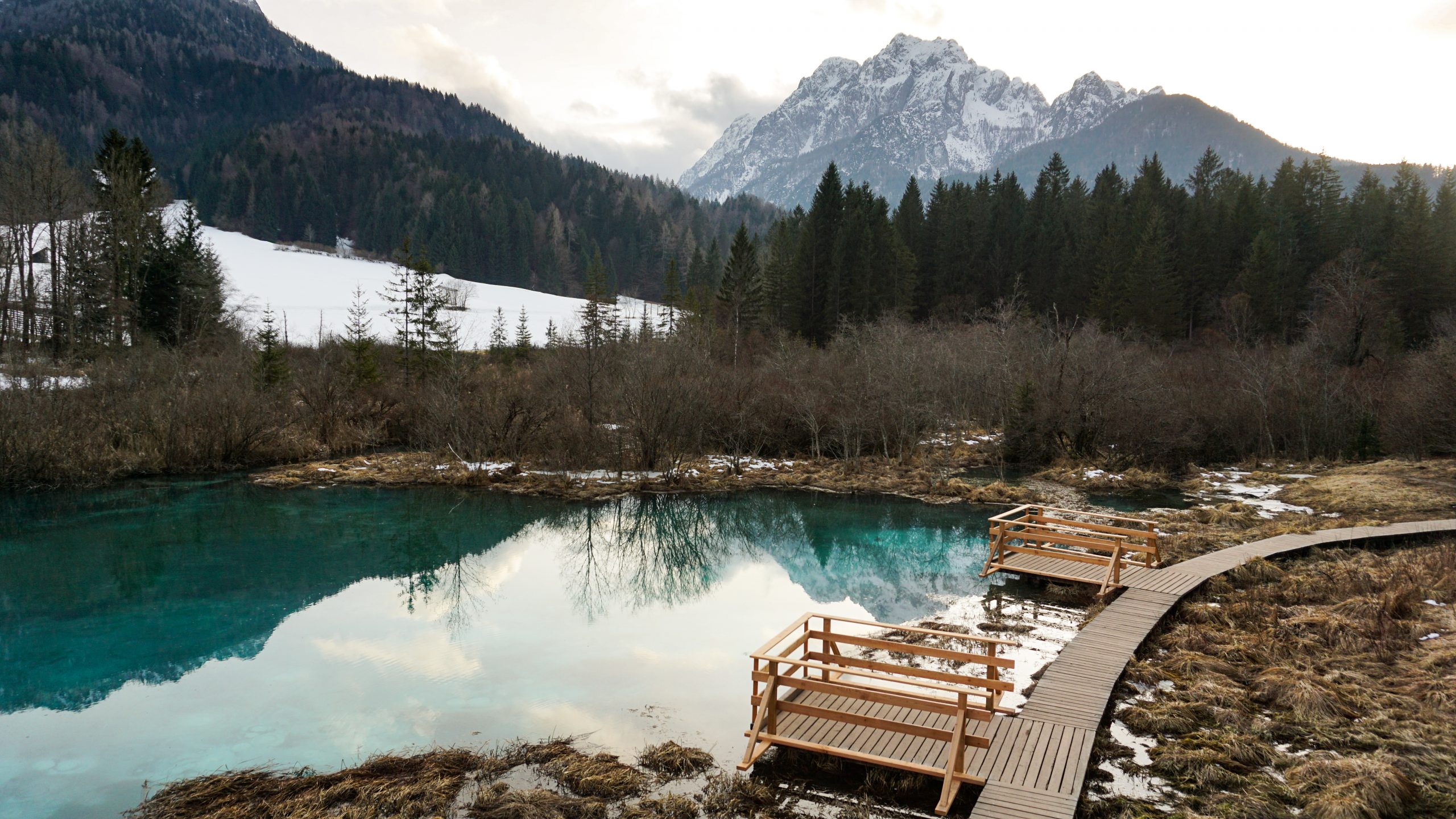 Zelenci Nature Reserve with mountains as a backdrop