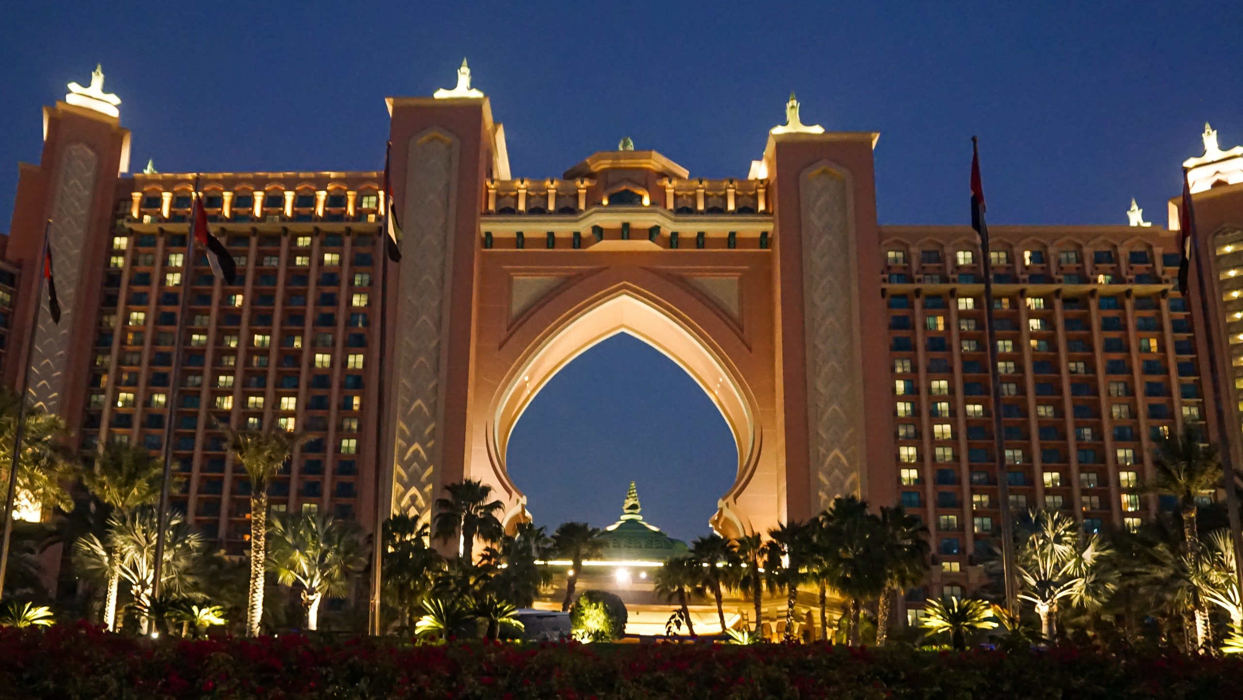 Night time view of the front of Altantis, the Palm in Palm Islands
