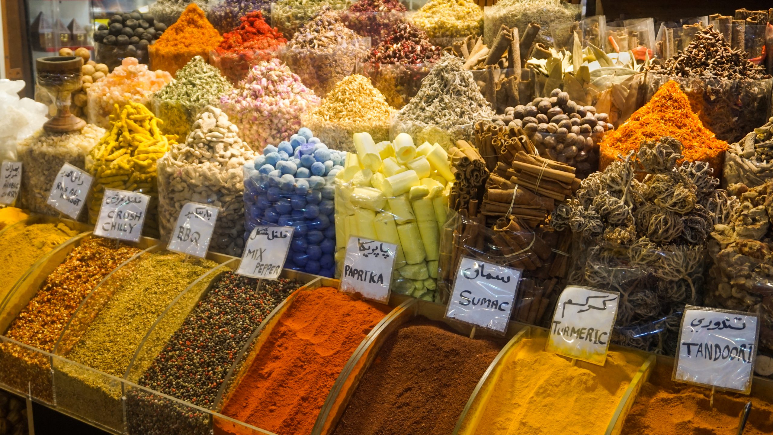 A display of different spices from the Spice Souk in Deira
