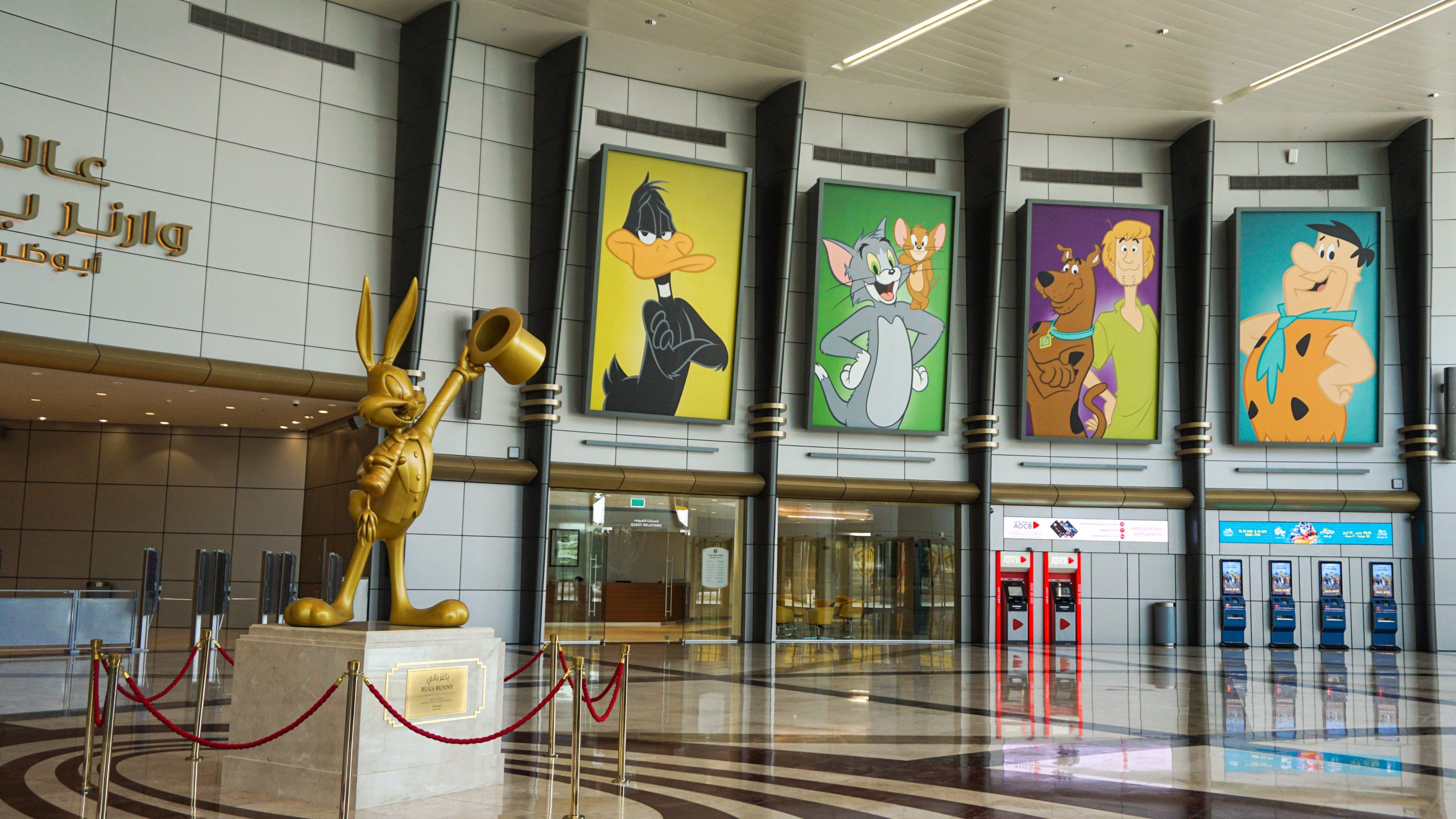 The hall of Warner Bros World Abu Dhabi with a figure of Buggs Bunny on the side