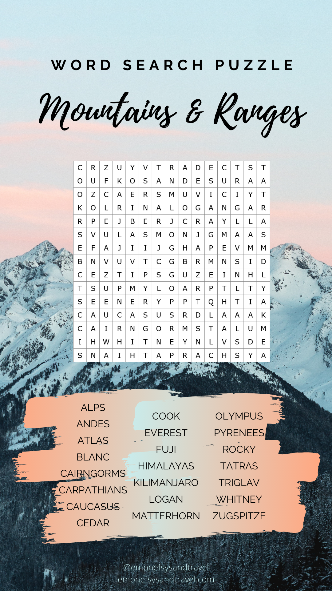 Mountains and Ranges Word Search Puzzle