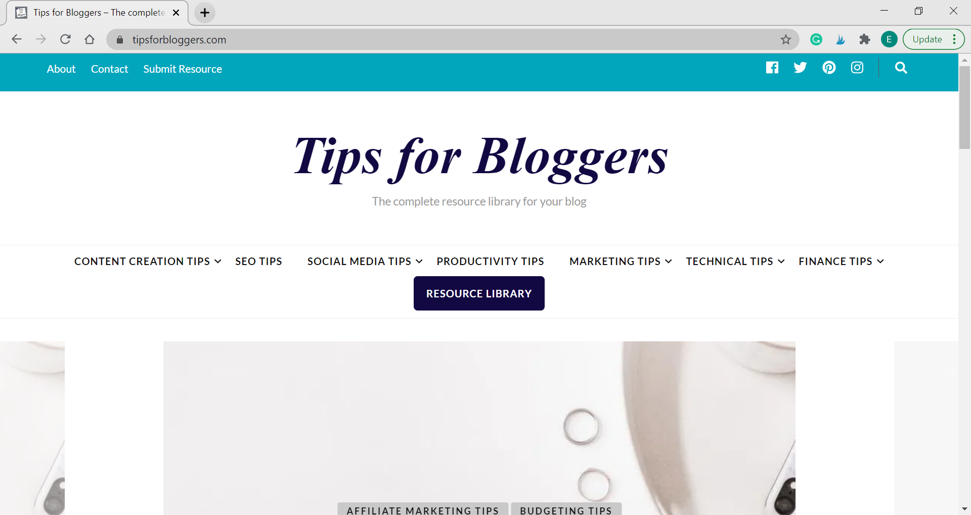 A screenshot of the Tips for Bloggers homepage