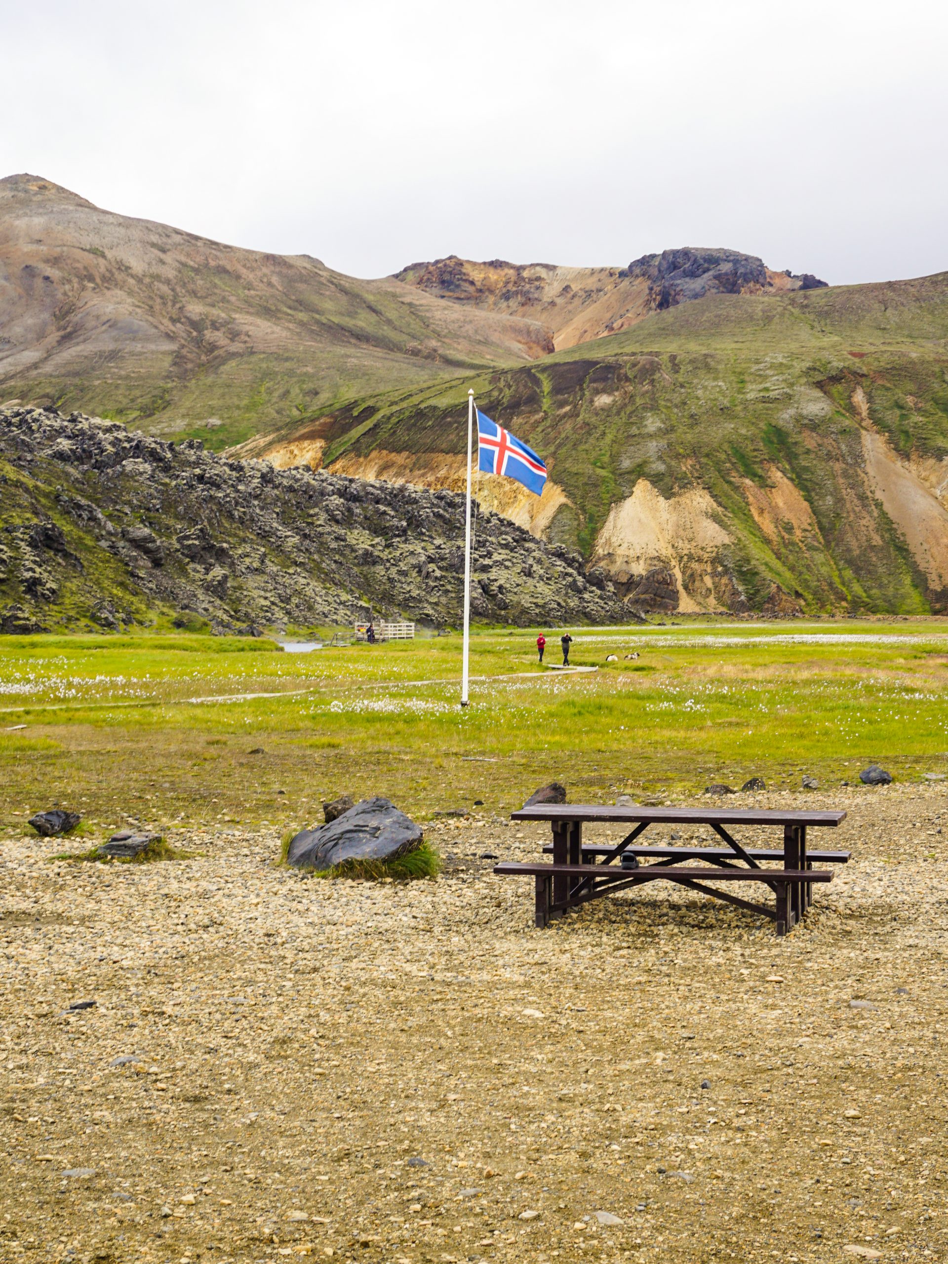 The Icelandic Flag at the Landmannalaugar campsite in the mountains