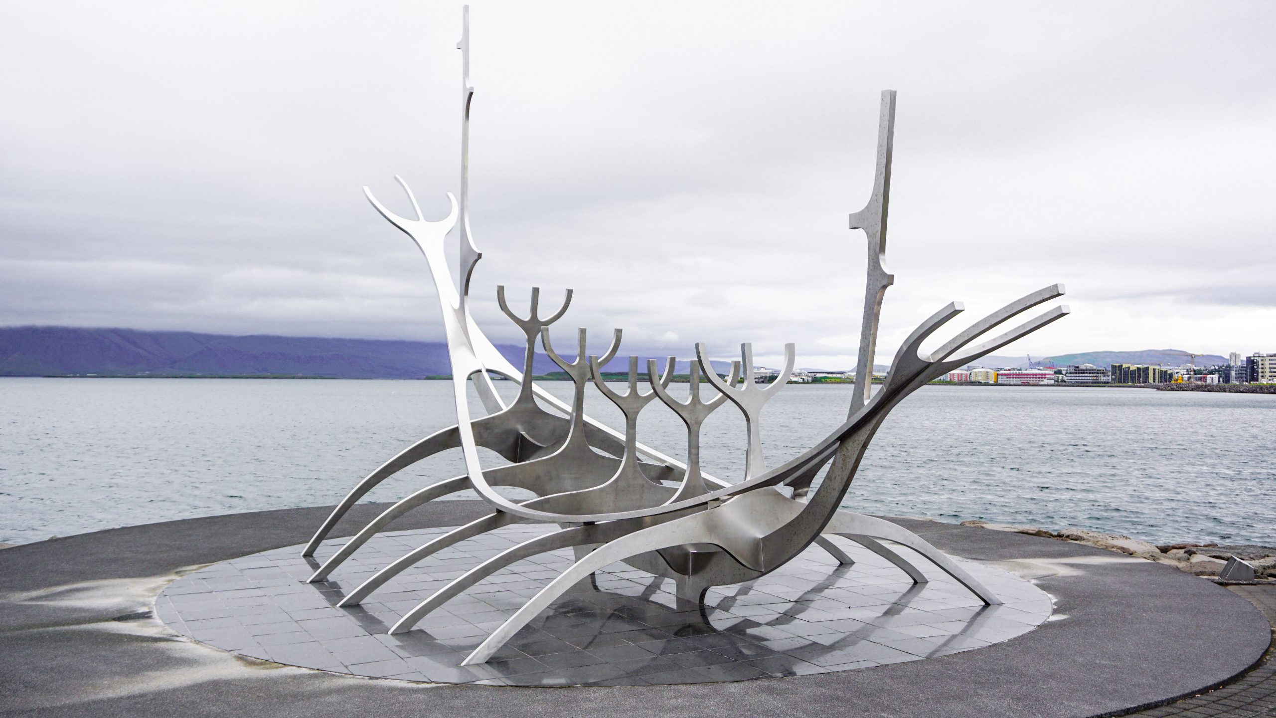 A grey sculpture to along Reykjavik's shoreline
