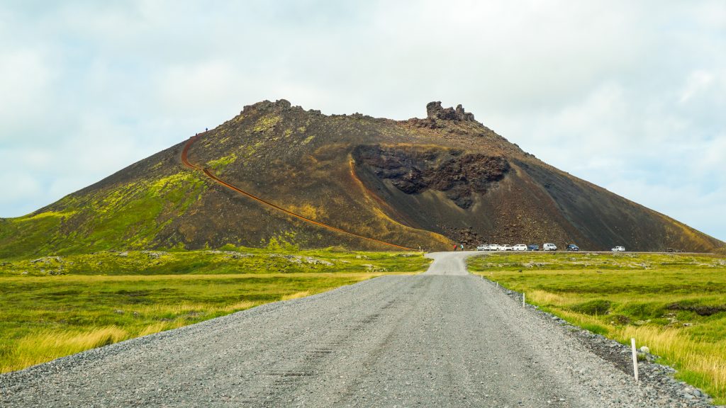 A mountain shaped volcano crater that can be visited in Iceland without a car