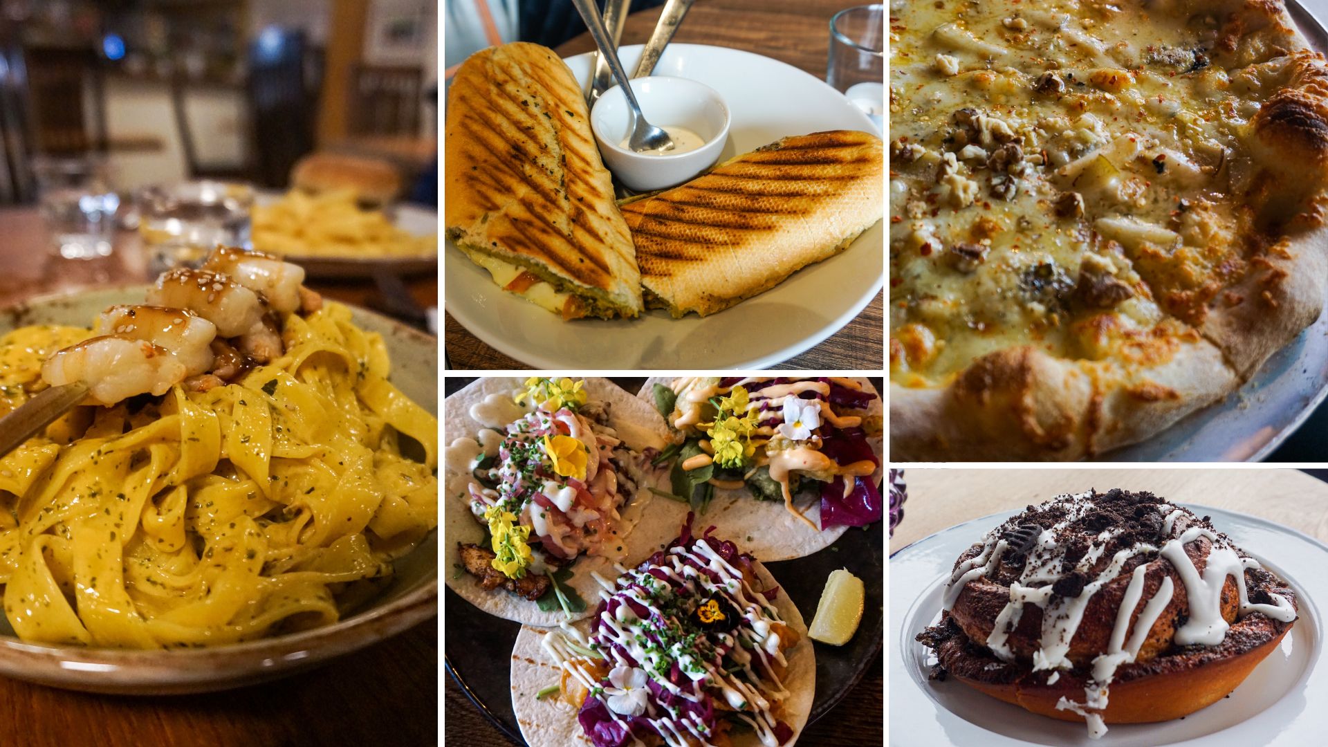 Collage of foods from Iceland, clockwise from top right: pizza, cinnamon bun with oreo, selection of tacos, pasta with shrimps and panini sandwich with cheese