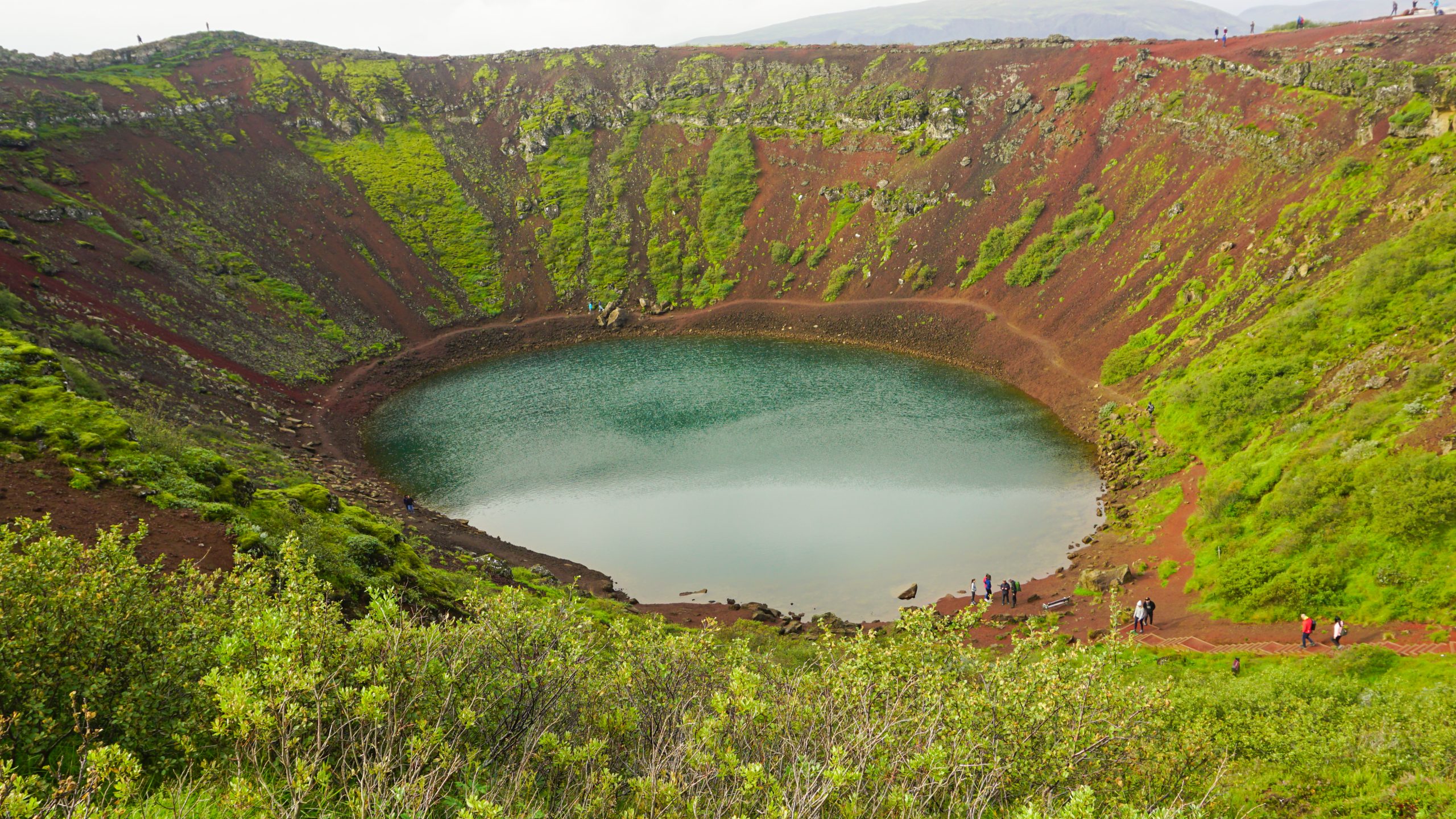 A lake inside a volcanic crater